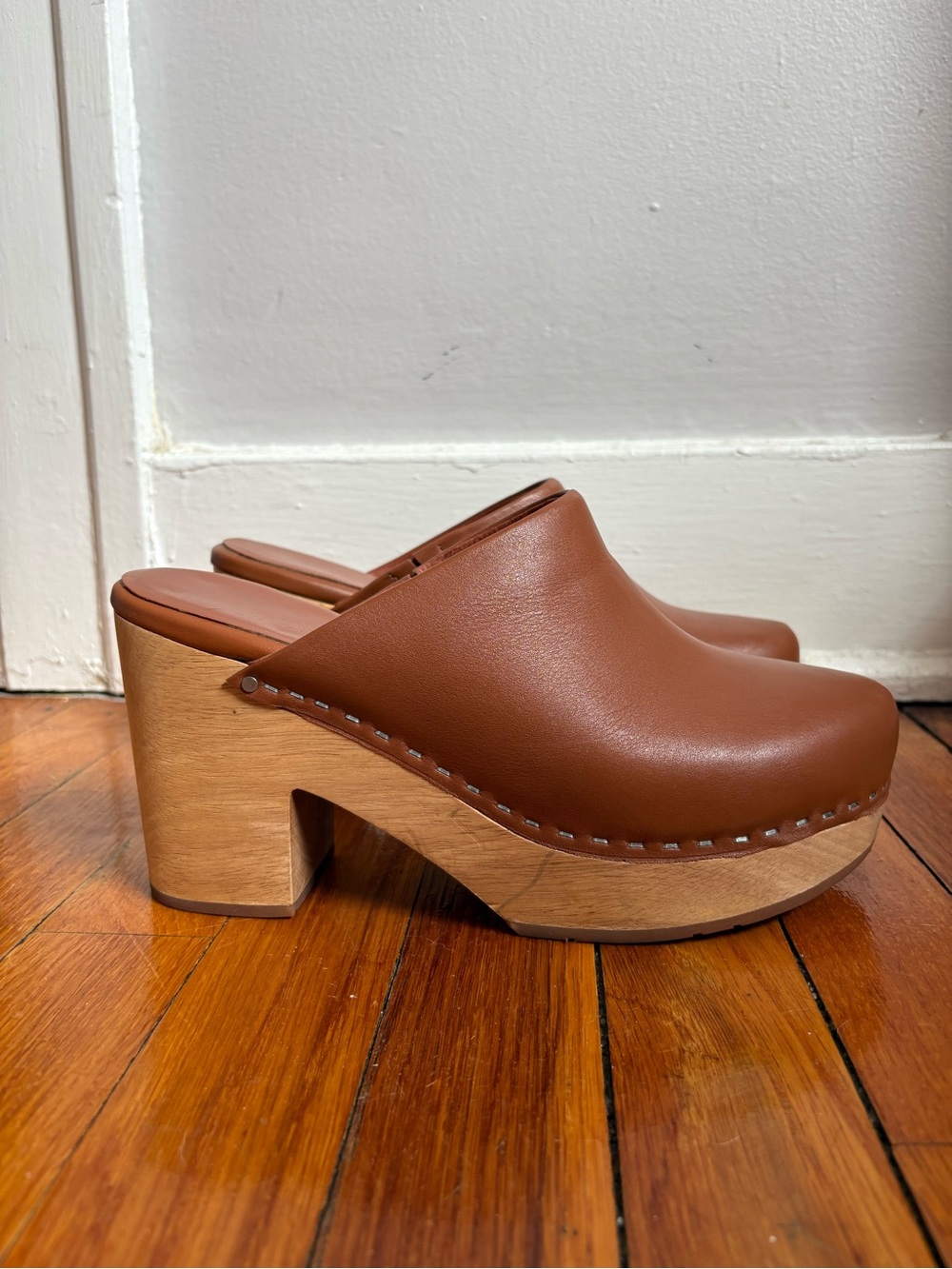Charlotte Stone Chestnut Brown Leather Clog Mules with Wooden Heel